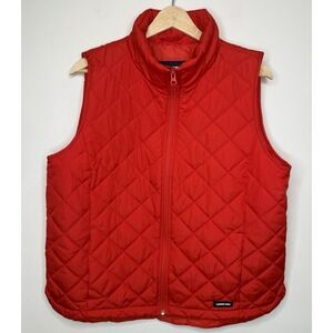 Lands End Puffer Quilted Vest Womens M Petite Orange Red Full Zip Up Hiking Gorp
